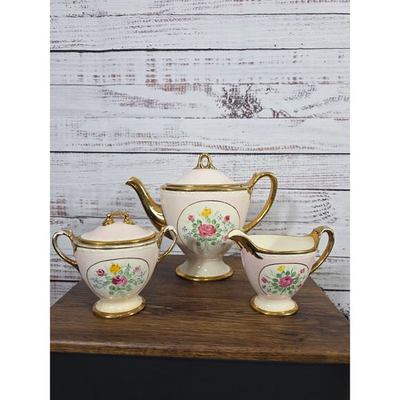 VTG Homer Laughlin Eggshell Georgian LG-121 Hand Painted Floral Teapot Set USA - Picture 1 of 15